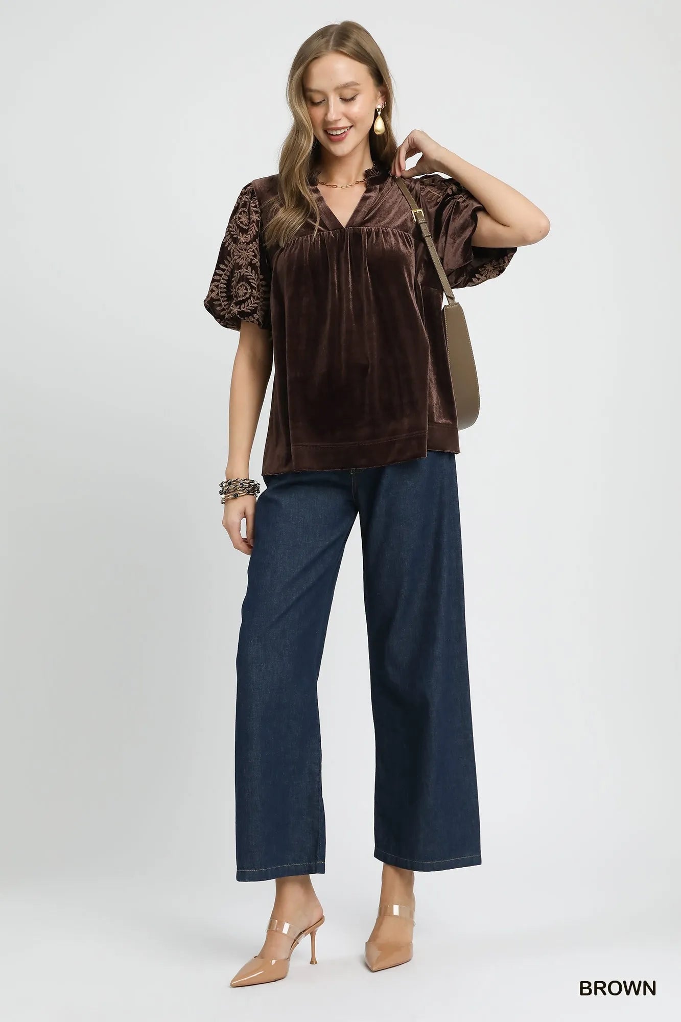 Soft Velvet Blouse with Detailed Embroidered Sleeves – Plus Size - Alwesbo Fashion