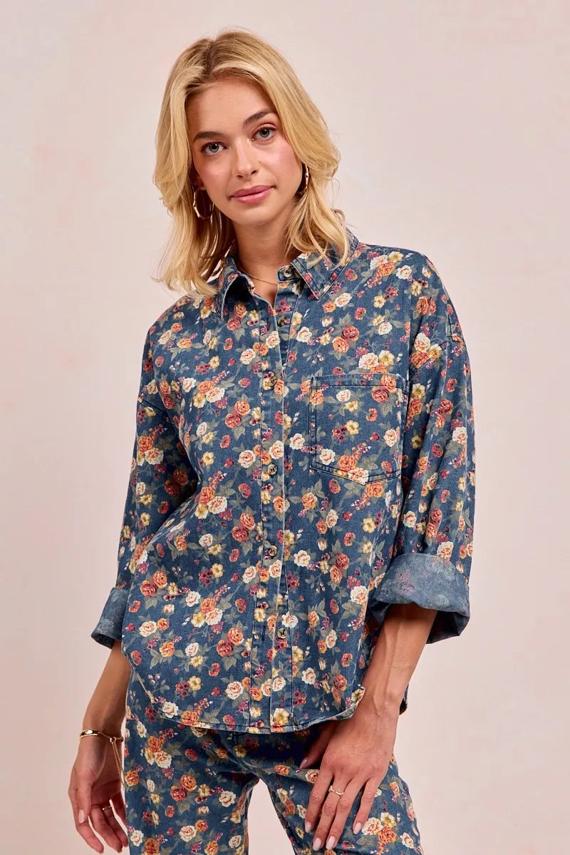 Washed Floral Denim Jacket for Women - Alwesbo Fashion