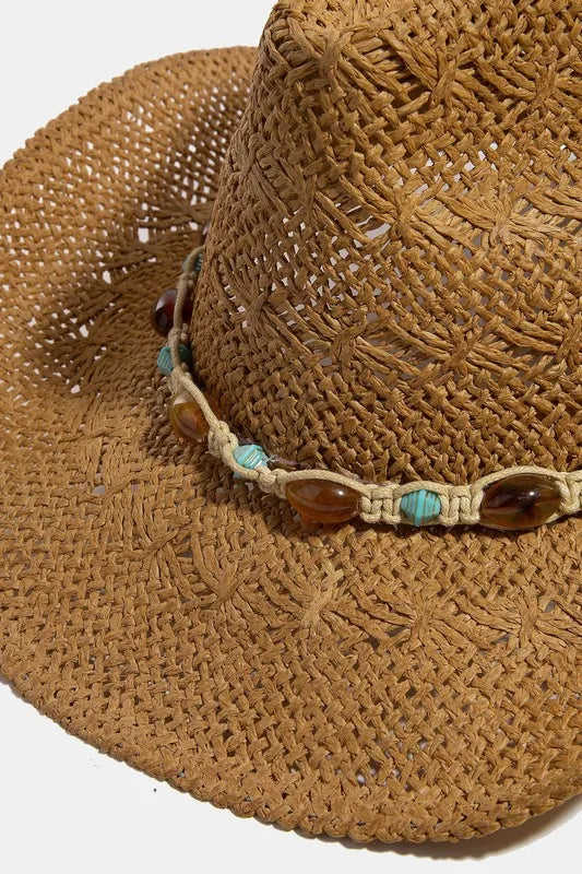 Fame Mixed Beaded And Rope Western Fedora Straw Hat - Alwesbo Fashion