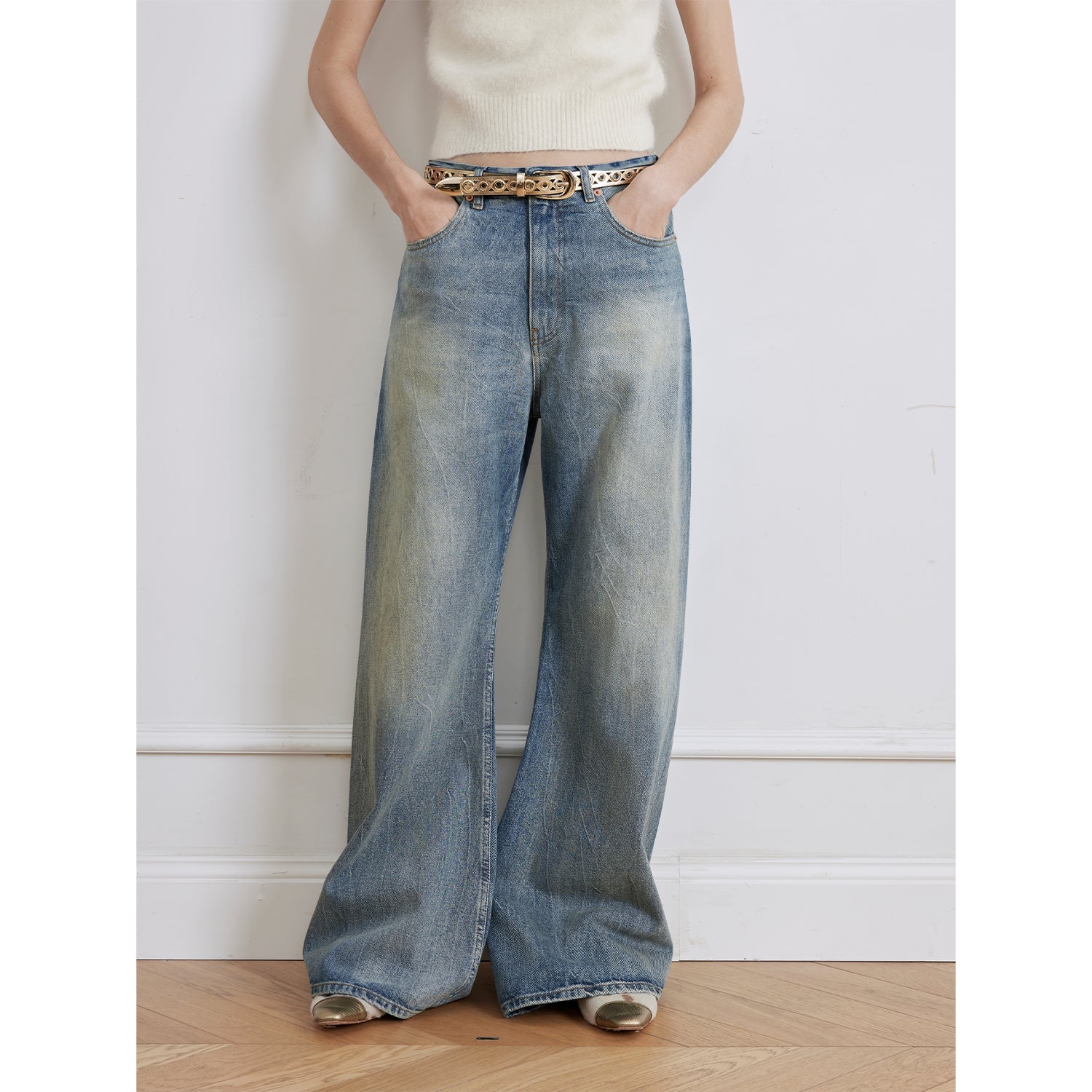 Retro Washed Wrinkled Wide-Leg Jeans – Women's Spacious Straight Fit - Alwesbo Fashion