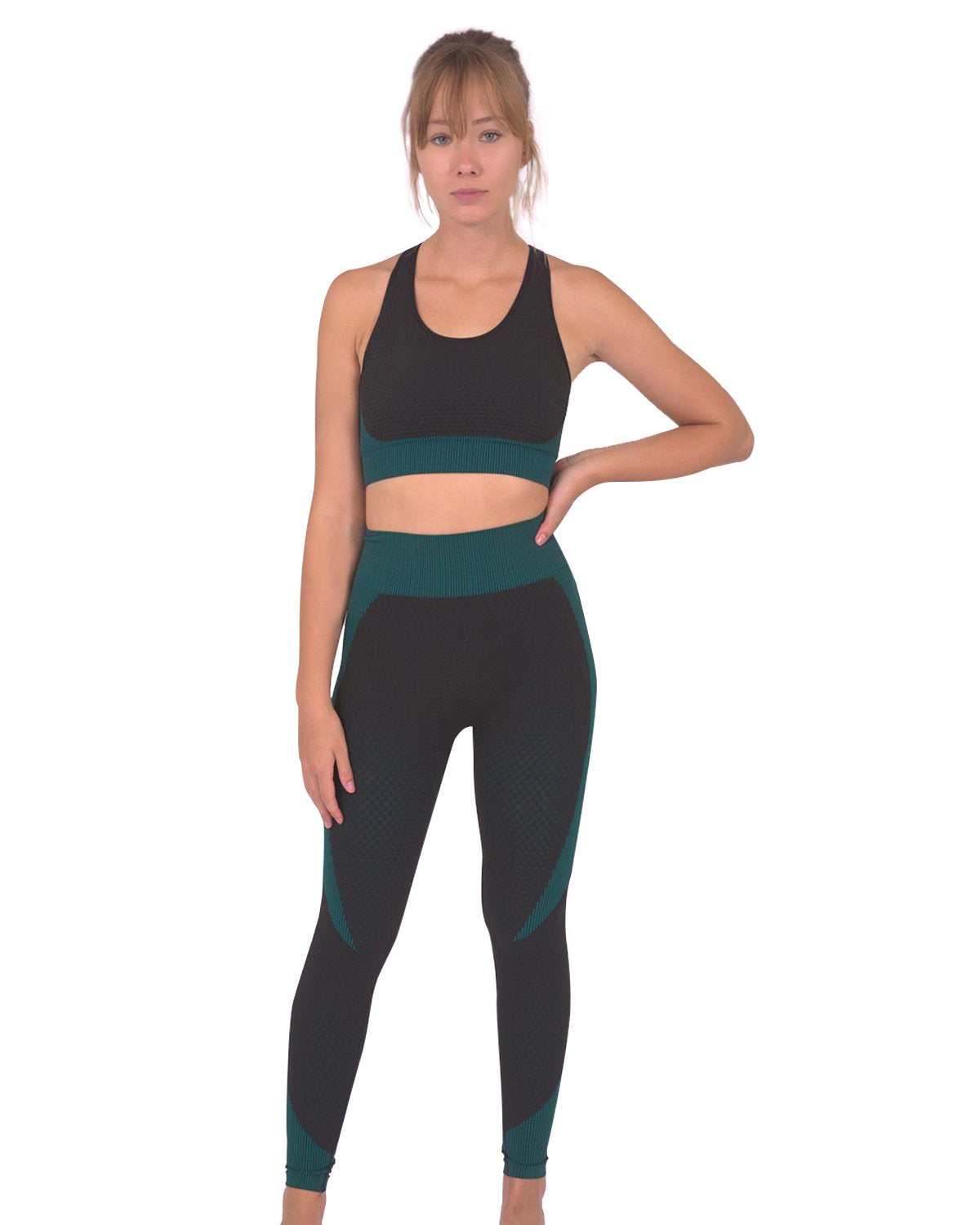 Seamless Black Leggings with Teal Blue Accent - Alwesbo Fashion