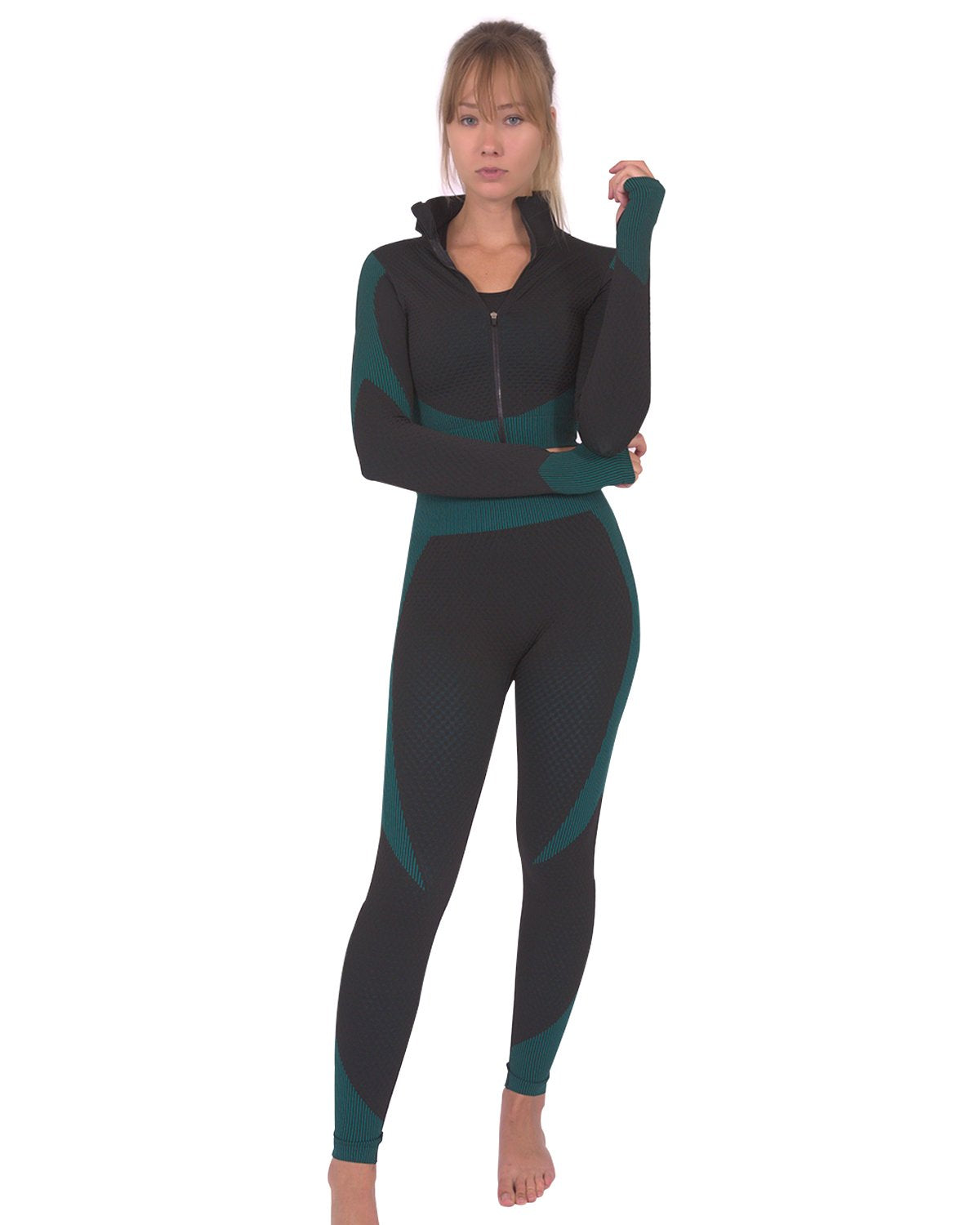 Seamless Black Leggings with Teal Blue Accent - Alwesbo Fashion