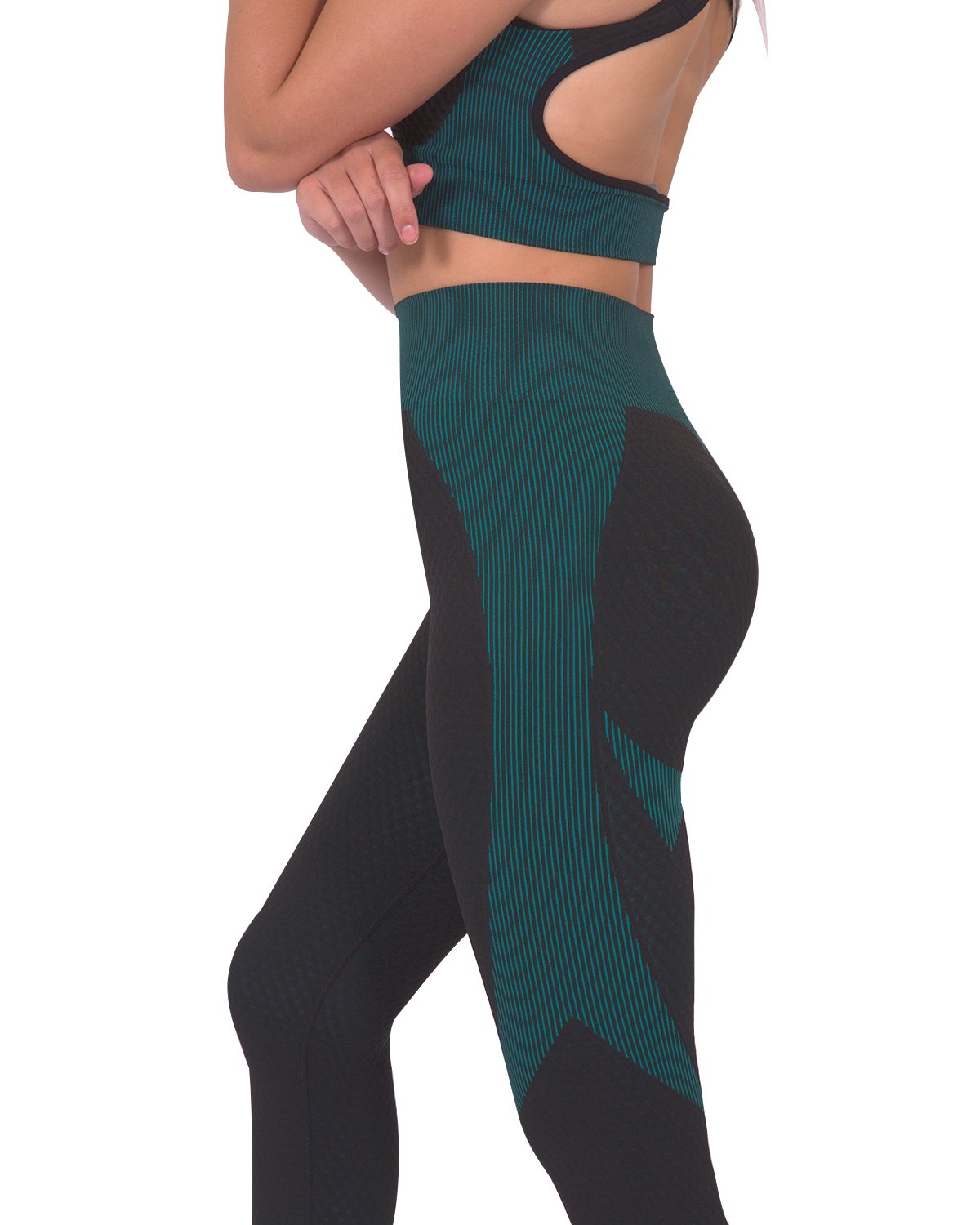 Seamless Black Leggings with Teal Blue Accent - Alwesbo Fashion