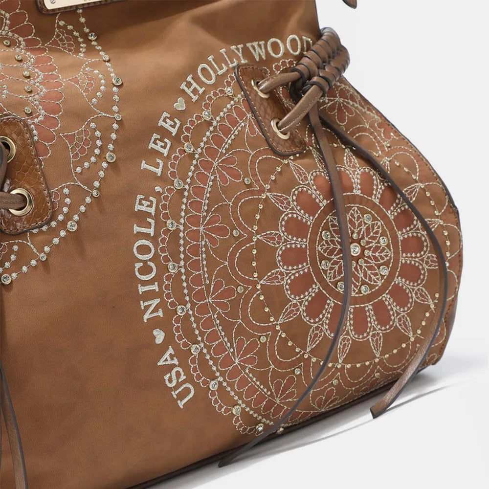 Nicole Lee USA Side Braided Tassel Inlaid Rhinestone Embroidery Hobo Bag - Alwesbo Fashion