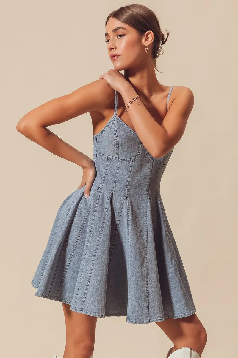 SO ME A Line Fit and Flare Denim Mini Dress - Alwesbo Fashion