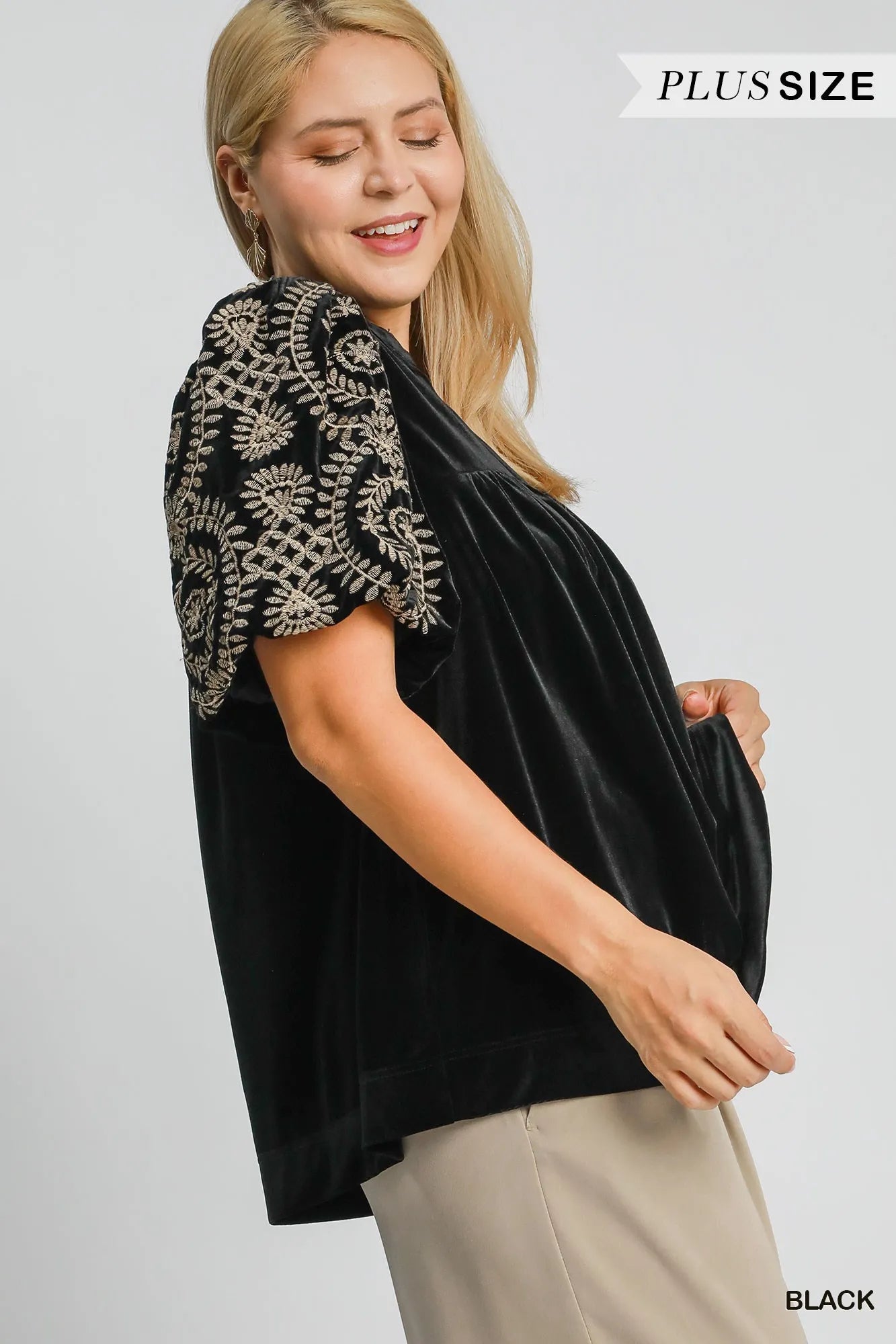 Plus Size Velvet Blouse with Stylish Embroidered Sleeve Detail - Alwesbo Fashion