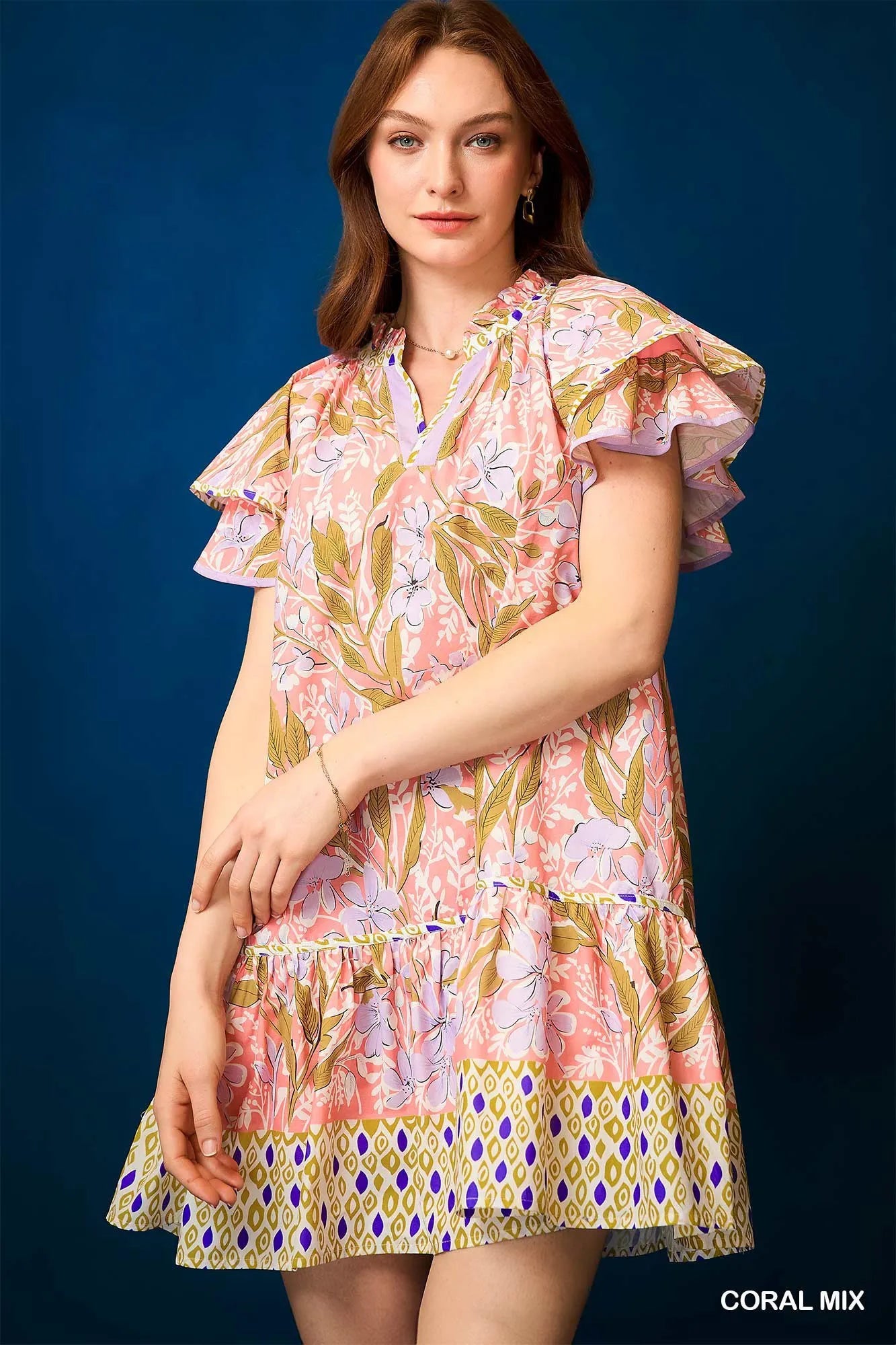 Floral Tunic Dress with Ruffle Sleeves - Alwesbo Fashion