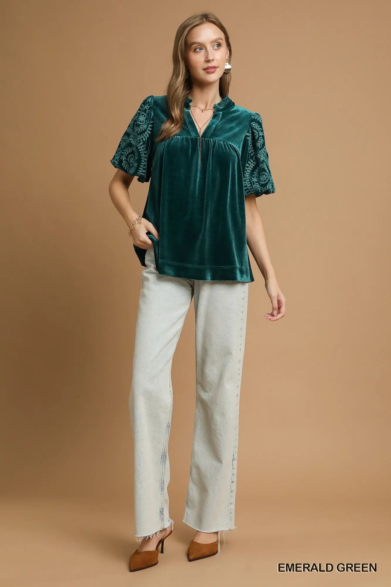 Velvet Blouse with Elegant Embroidered Sleeves - Alwesbo Fashion