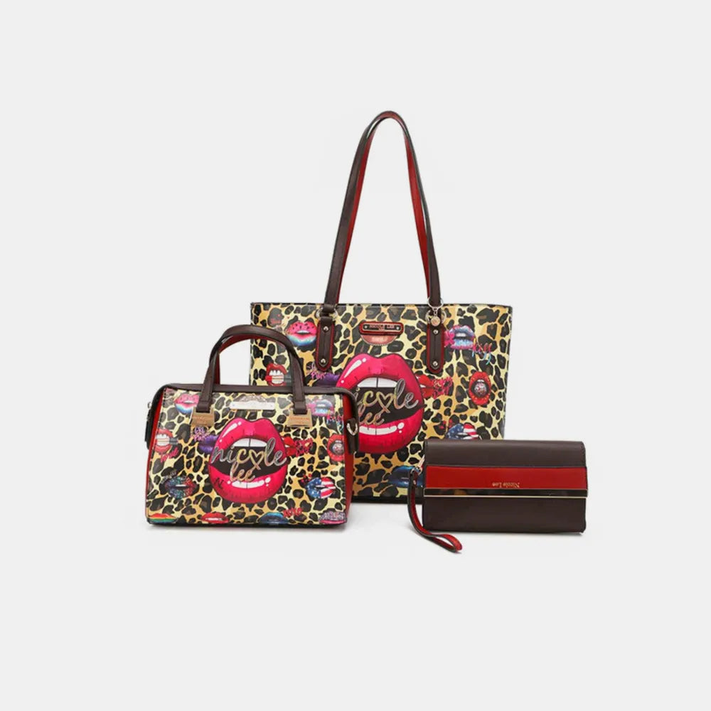 Nicole Lee USA 3-Piece Wild Lips Print Handbag Set - Alwesbo Fashion