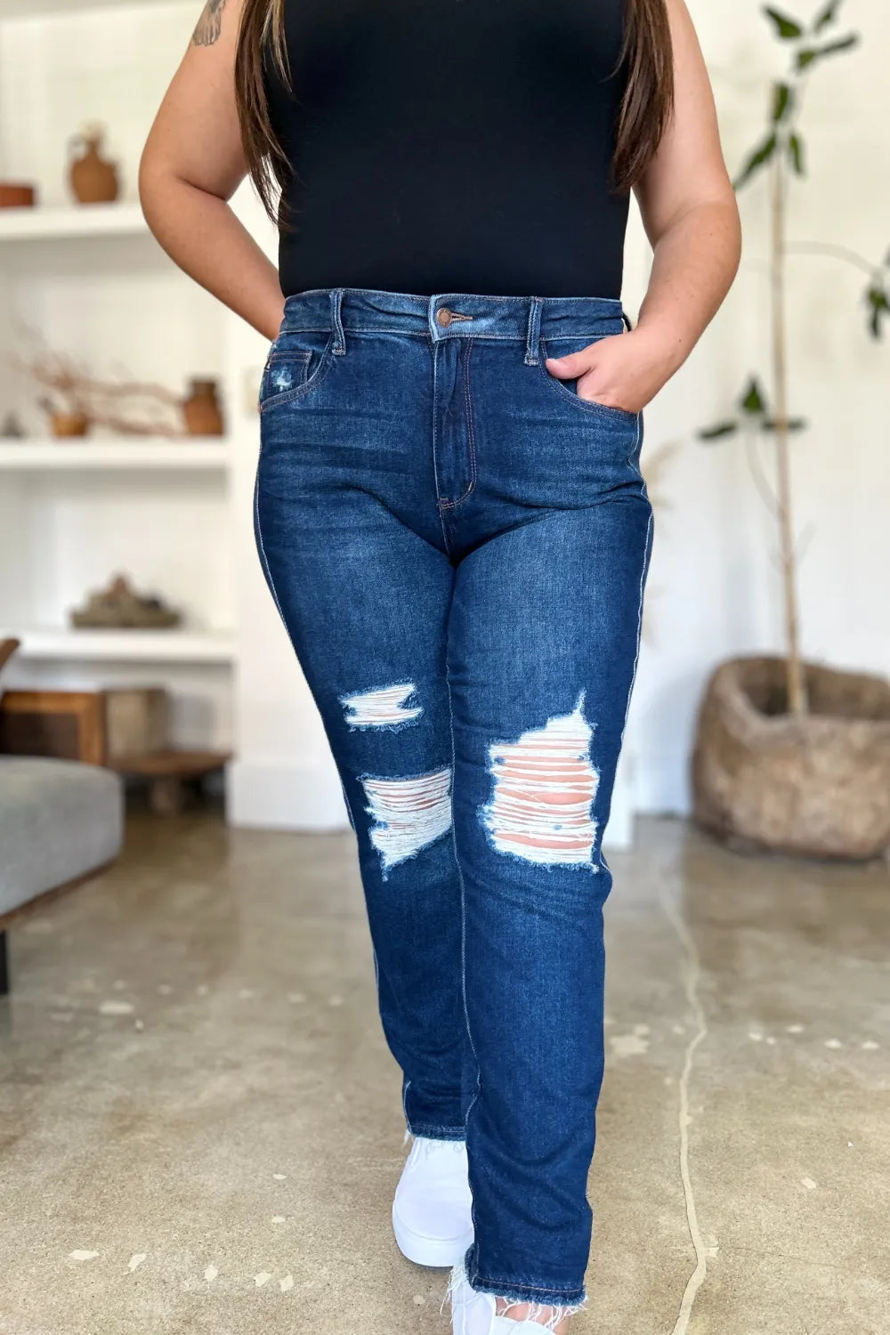 Judy Blue Full Size High Waist Rigid Magic Heavy Destroy Straight Jeans - Alwesbo Fashion