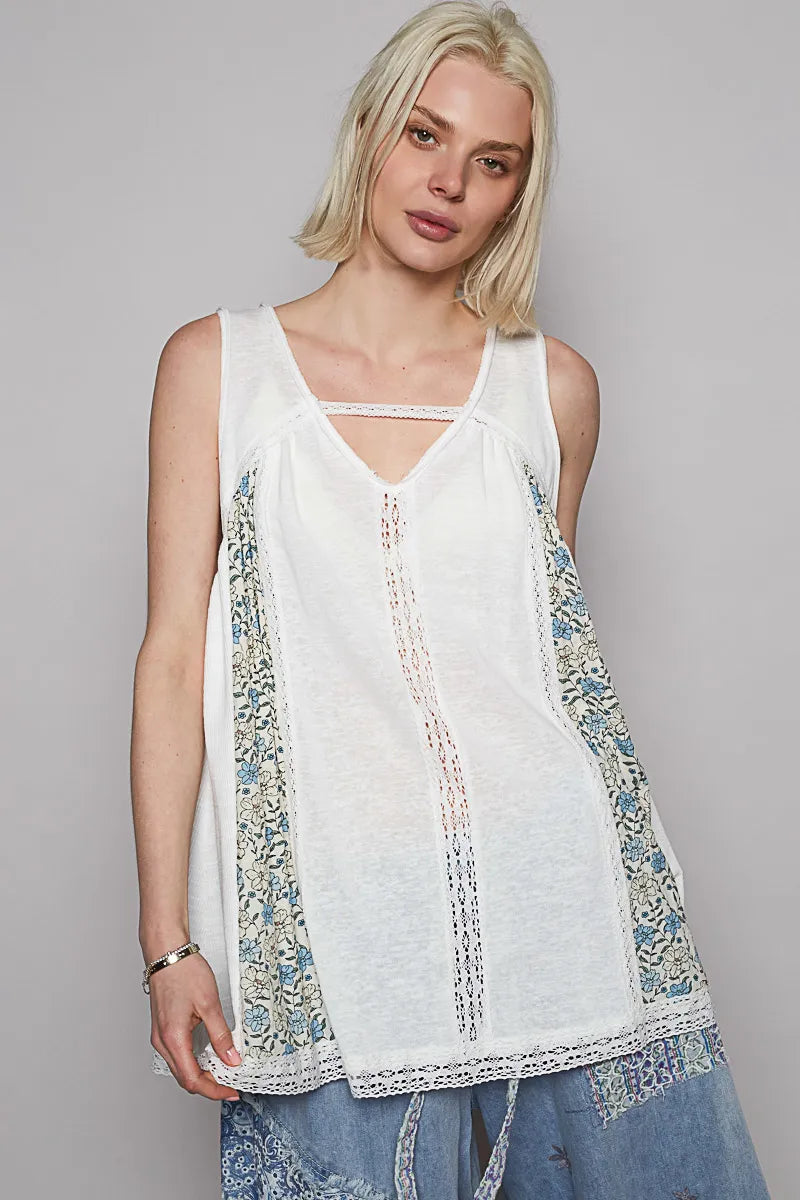 POL V Neck Sleeveless Tank Top with Lace Detail - Alwesbo Fashion