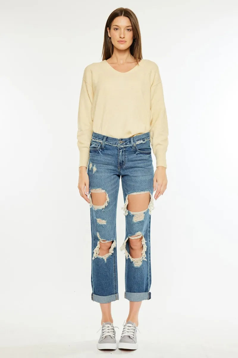 Distressed Mid Rise Boyfriend Jeans for Women - Alwesbo Fashion