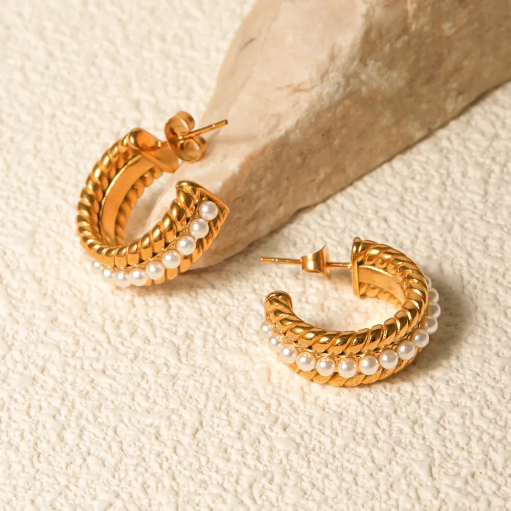 Stainless Steel Pearl C-Hoop Earrings - Alwesbo Fashion