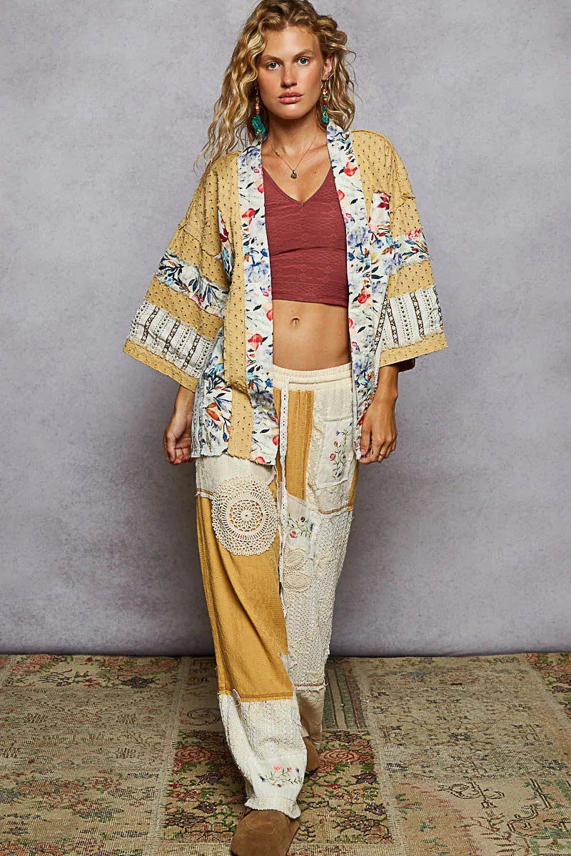 Boho Patchwork Open Front Cardigan with Floral Trim - Alwesbo Fashion