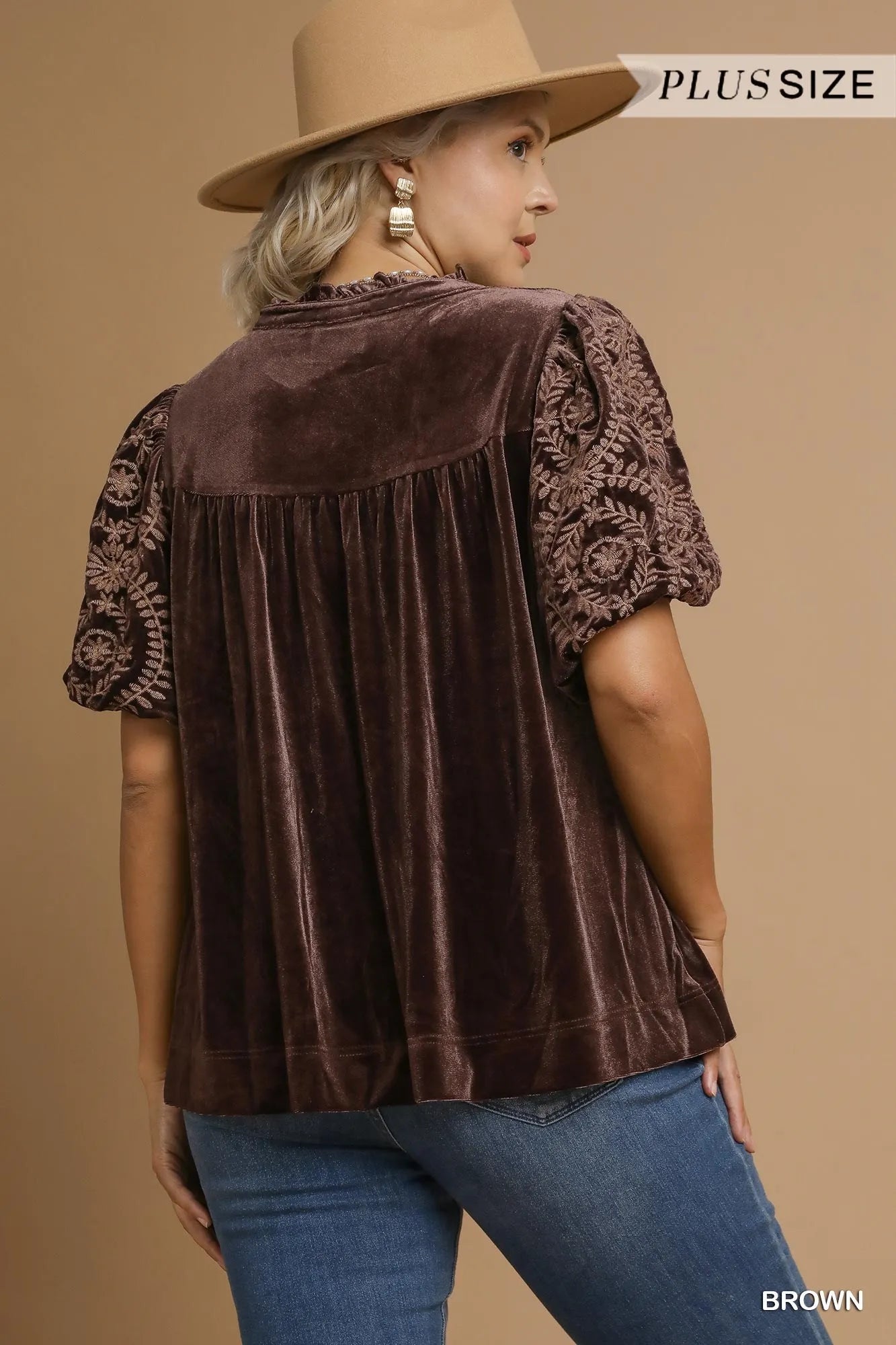 Soft Velvet Blouse with Detailed Embroidered Sleeves – Plus Size - Alwesbo Fashion