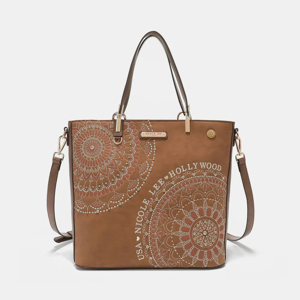 Nicole Lee USA Metallic Stitching Embroidery Inlaid Rhinestone Tote Bag - Alwesbo Fashion