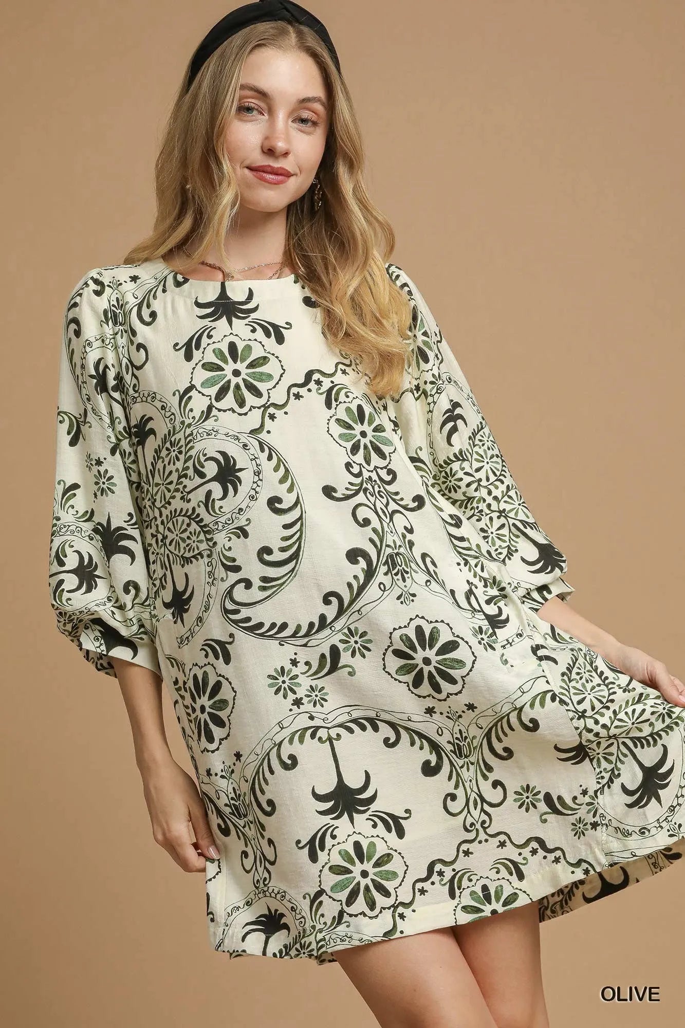 Boho Printed Mini Dress with Balloon Sleeves - Alwesbo Fashion