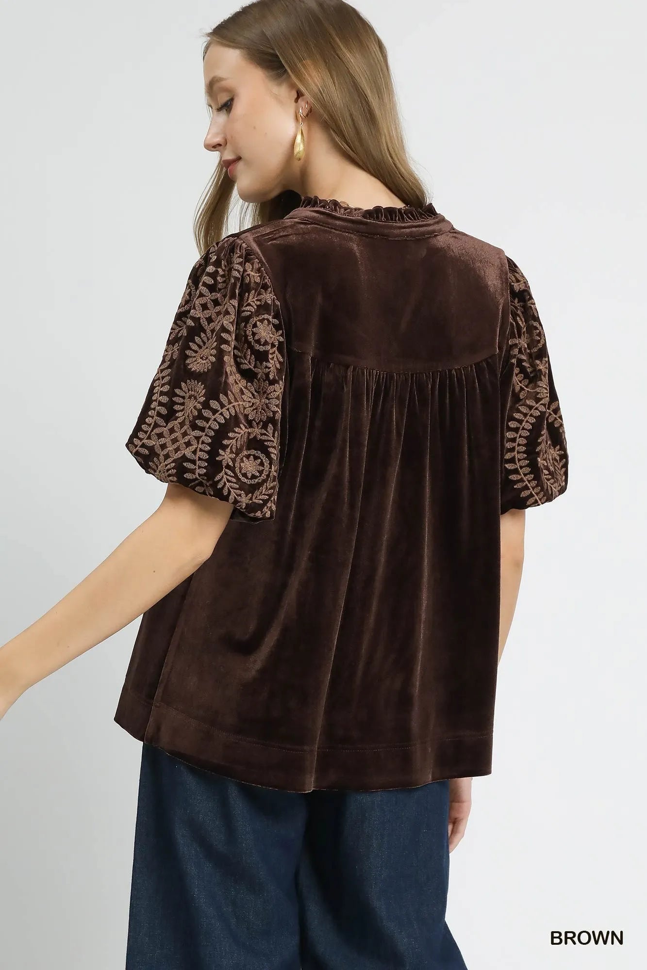 Soft Velvet Blouse with Detailed Embroidered Sleeves – Plus Size - Alwesbo Fashion