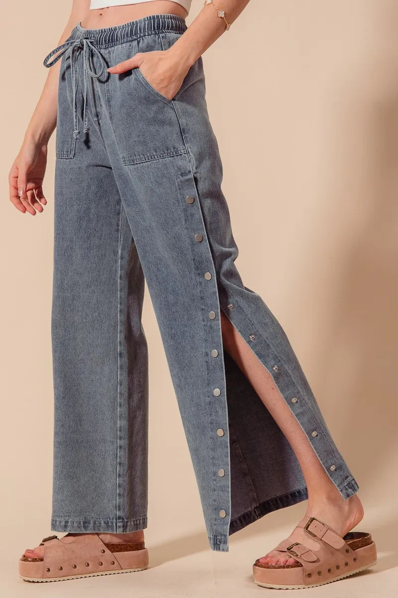 SO ME Mid Rise Drawstring Jeans with Side Snap Button - Alwesbo Fashion