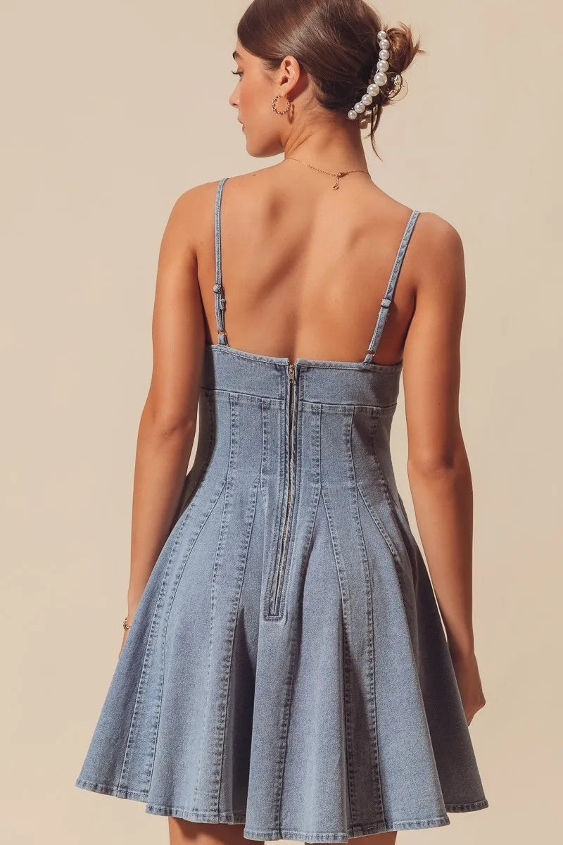 SO ME A Line Fit and Flare Denim Mini Dress - Alwesbo Fashion