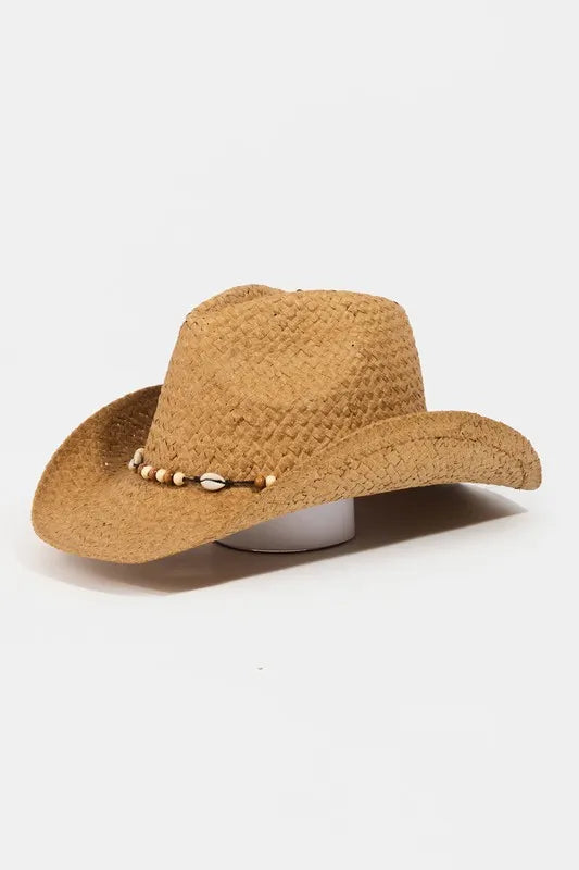 Western Cowboy Hat with Beaded Cowrie Shell Details - Alwesbo Fashion