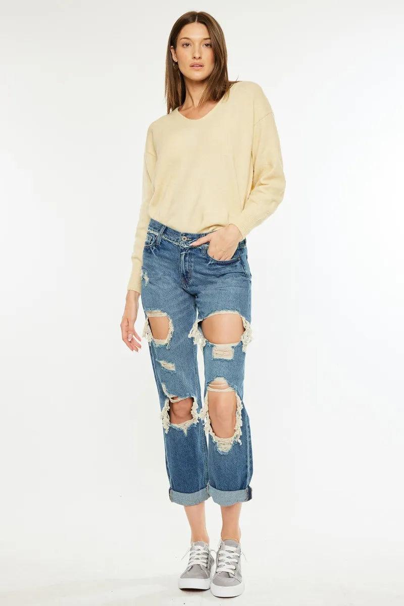 Distressed Mid Rise Boyfriend Jeans for Women - Alwesbo Fashion