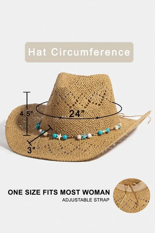 Western Straw Hat with Turquoise & Shell Star Bead Strap - Alwesbo Fashion