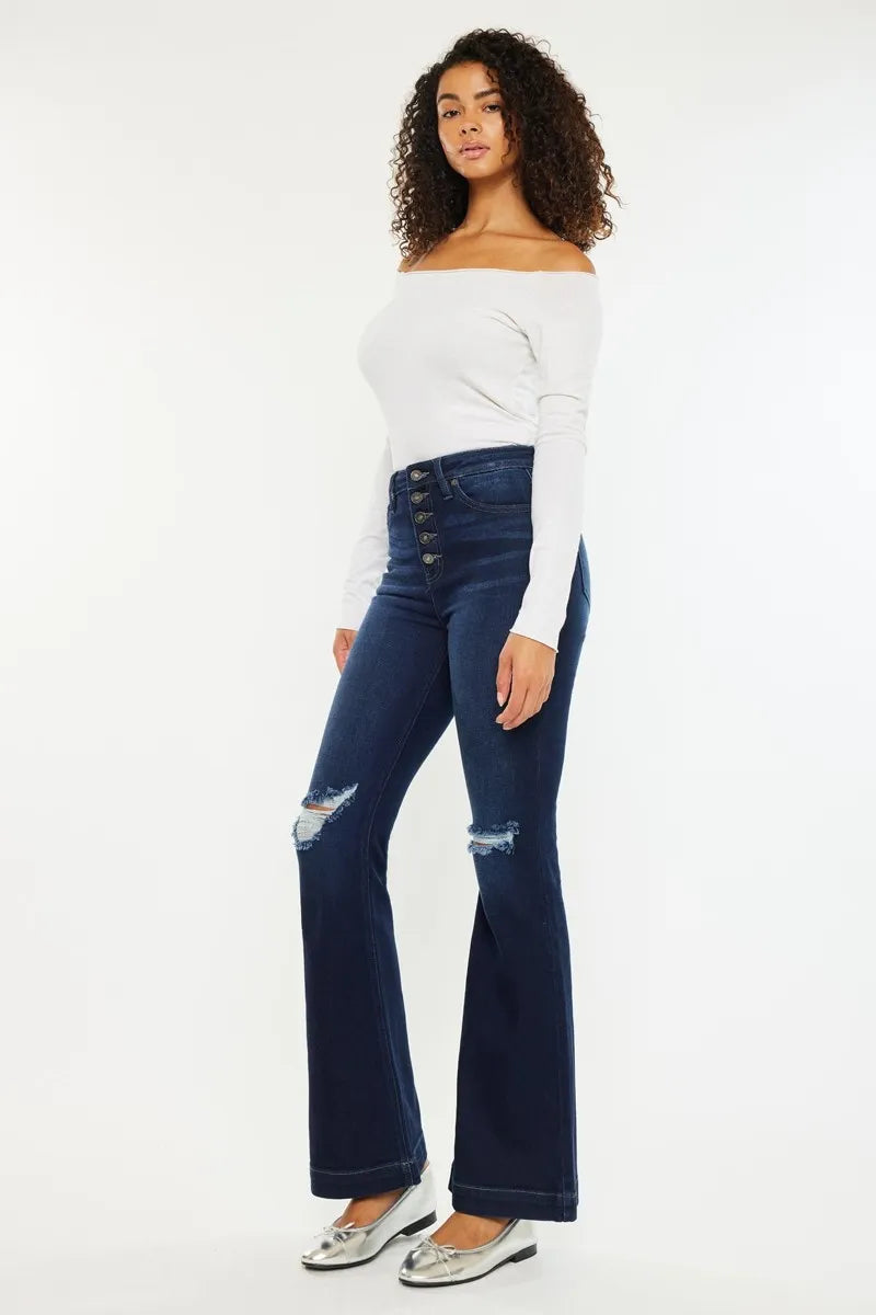 Women's High Waist Button Fly Flare Denim with Ripped Accents - Alwesbo Fashion
