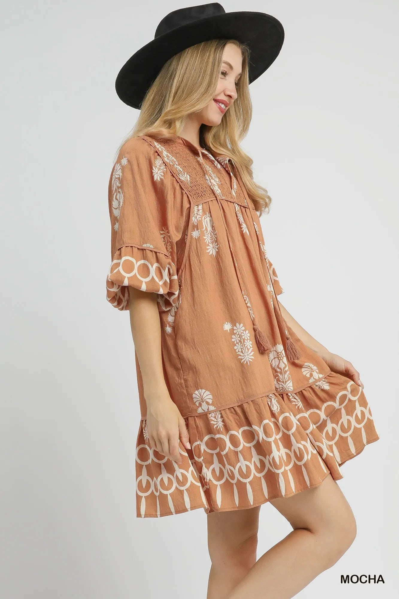 Border Print Mini Dress with Tassel Tie Neck - Alwesbo Fashion