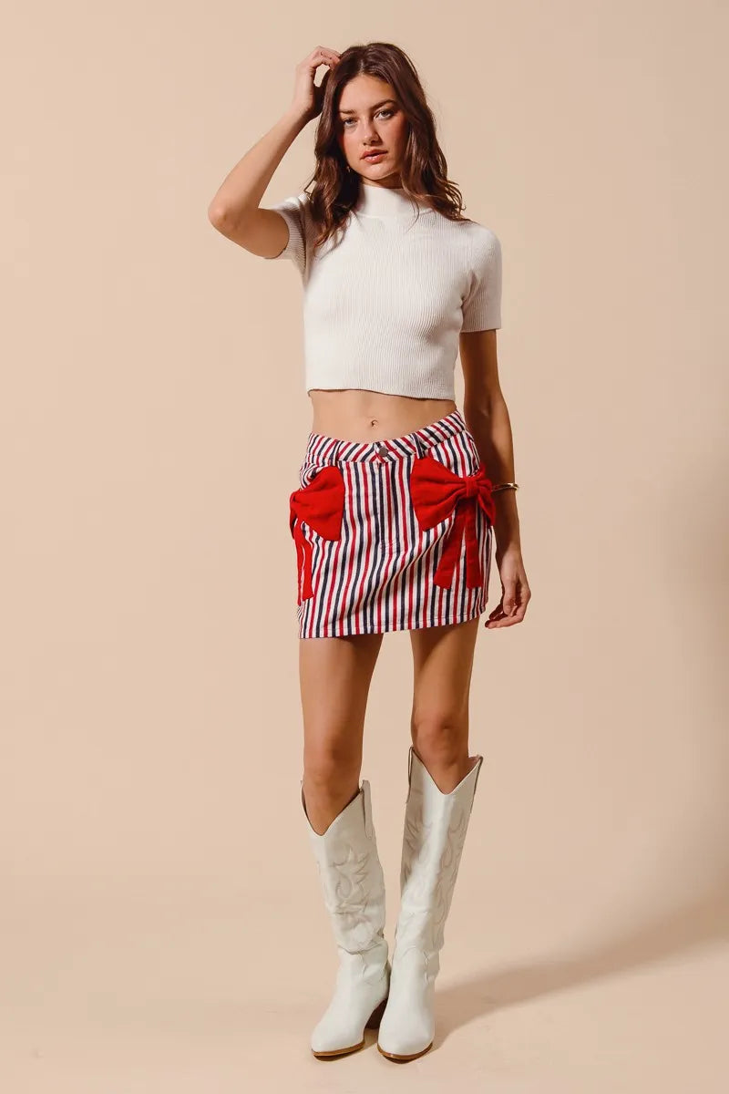 SO ME Contrast Bow Knot Pocket Fourth Of July Denim Skirt - Alwesbo Fashion