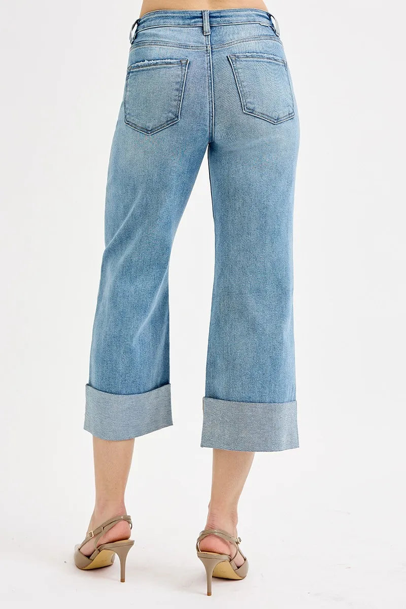 Plus Size Tummy Control High Rise Ankle Wide Cuffed Jeans - Alwesbo Fashion