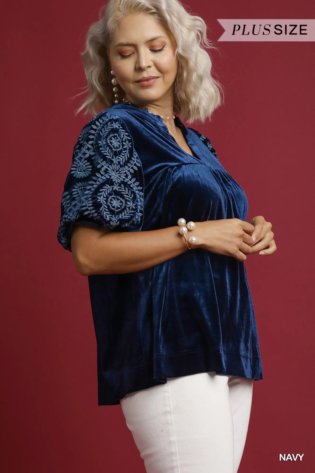 Soft Velvet Blouse for Plus Size Women with Sleeve Embroidery - Alwesbo Fashion