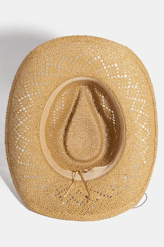 Western Straw Hat with Turquoise & Shell Star Bead Strap - Alwesbo Fashion