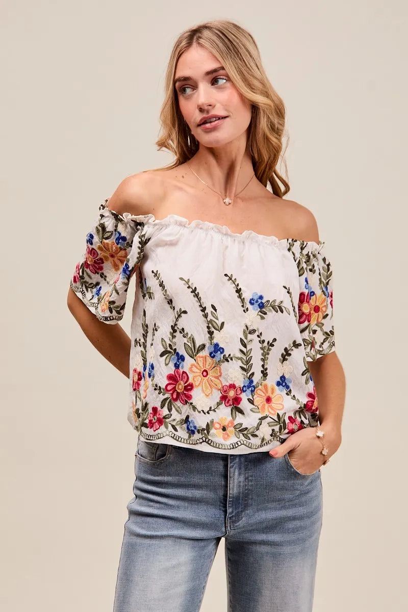 Floral Embroidered Off-The-Shoulder Blouse with Two-Way Wear - Alwesbo Fashion