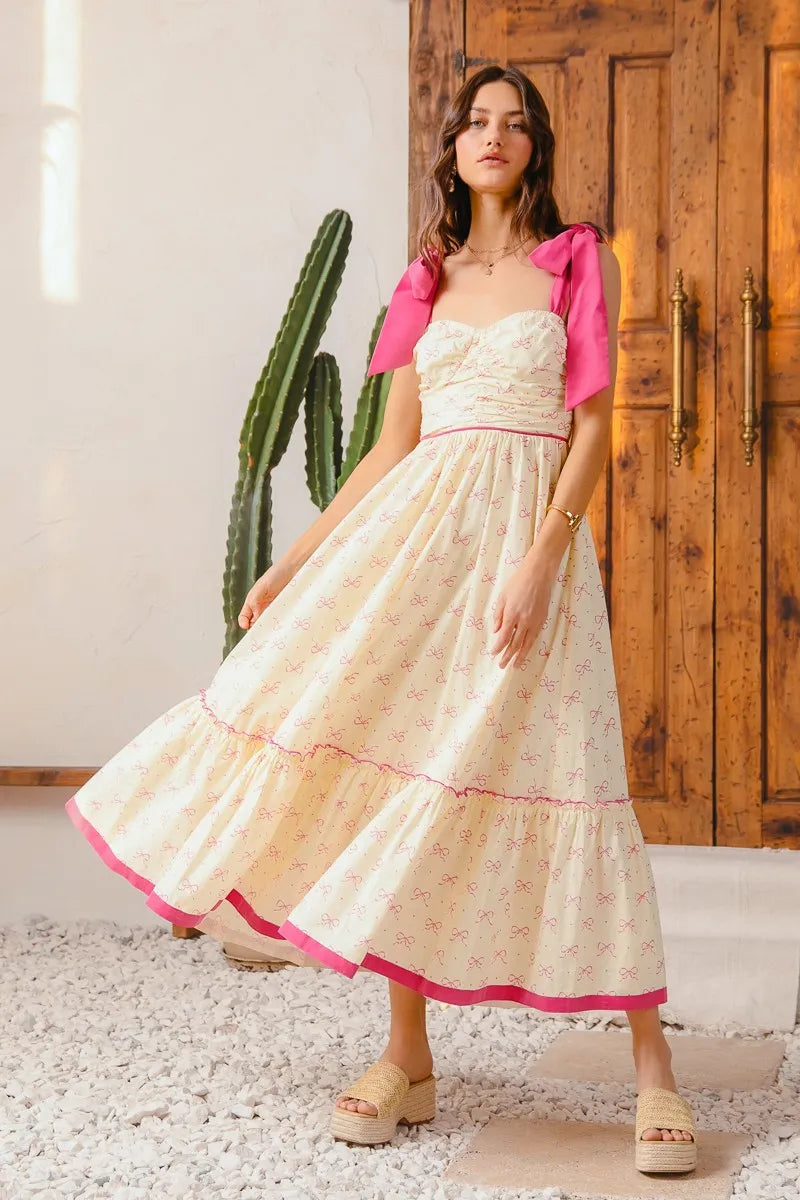 Flowy Maxi Dress with Ribbon Tie and Contrast Trim - Alwesbo Fashion