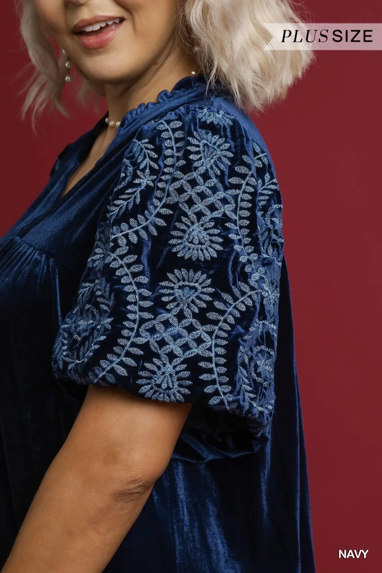 Soft Velvet Blouse for Plus Size Women with Sleeve Embroidery - Alwesbo Fashion
