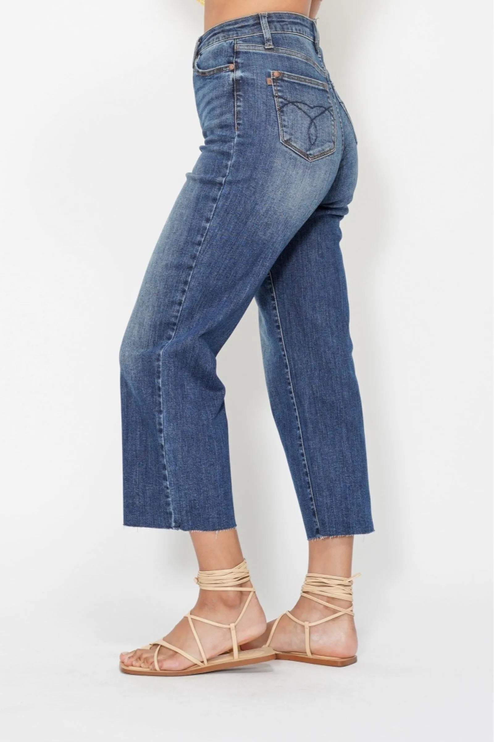 Judy Blue High Waist Back Pocket Embroidery Crop Wide Jeans - Alwesbo Fashion