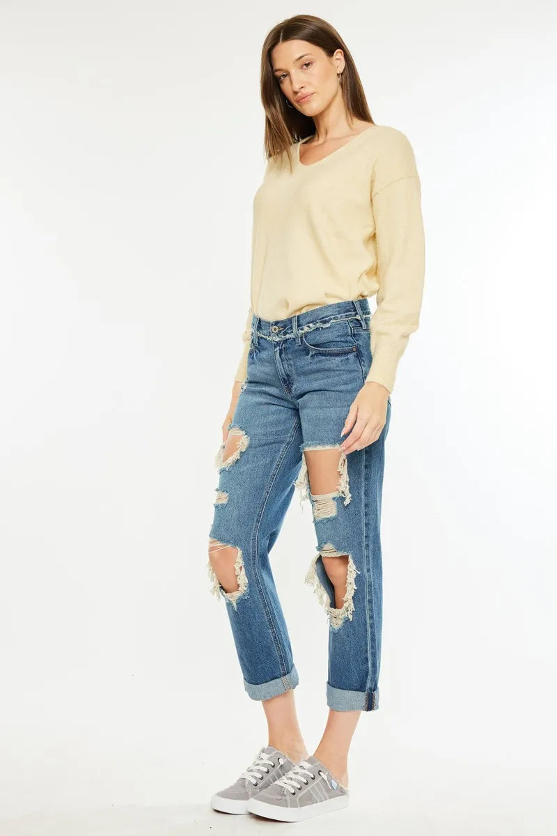 Distressed Mid Rise Boyfriend Jeans for Women - Alwesbo Fashion