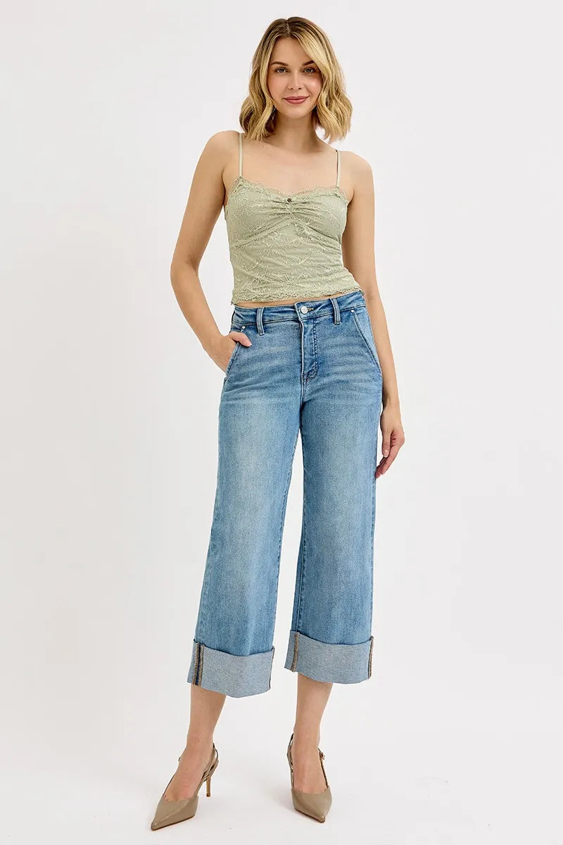 Plus Size Tummy Control High Rise Ankle Wide Cuffed Jeans - Alwesbo Fashion