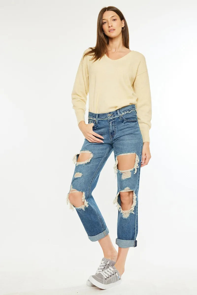 Distressed Mid Rise Boyfriend Jeans for Women - Alwesbo Fashion