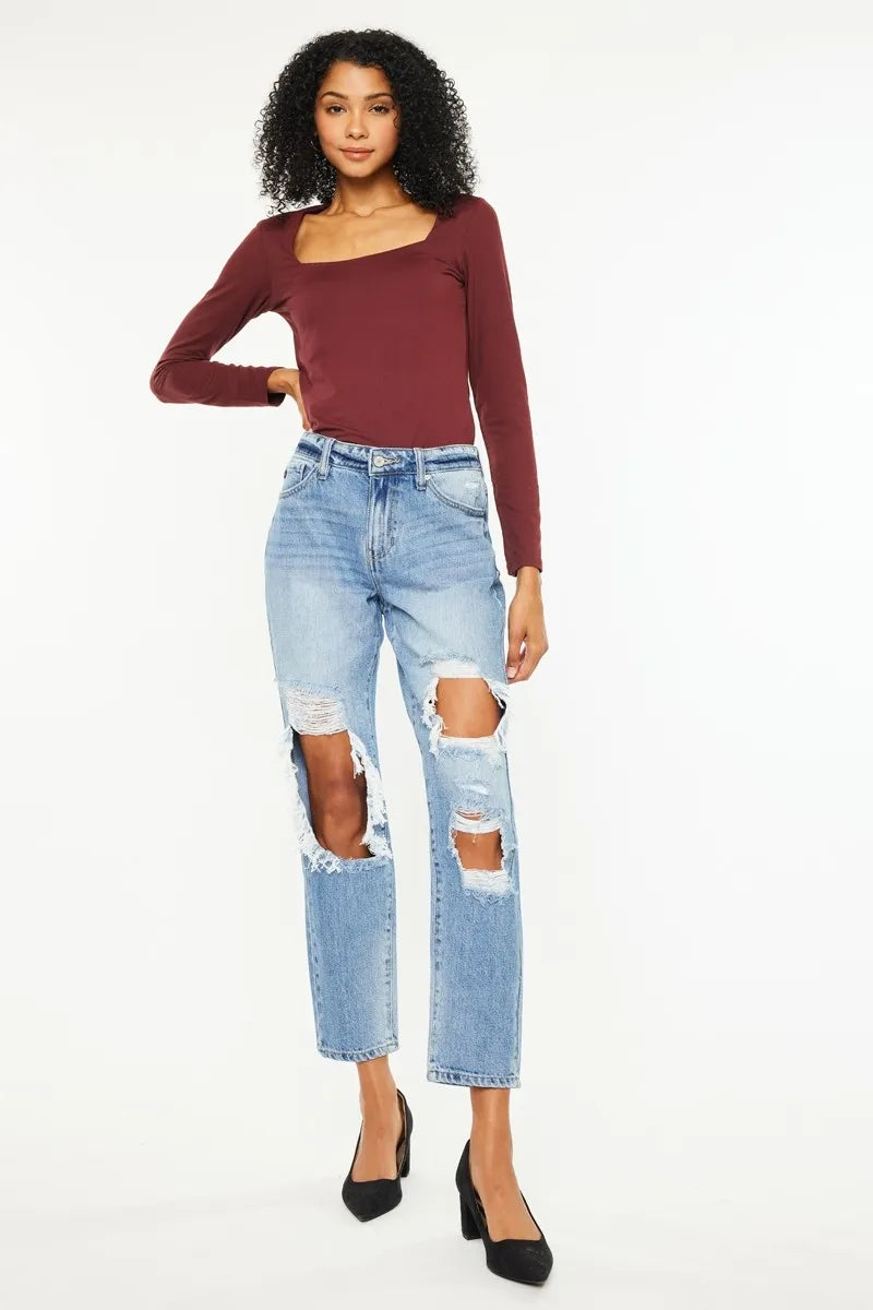 High Rise Distressed Boyfriend Jeans for Women - Alwesbo Fashion
