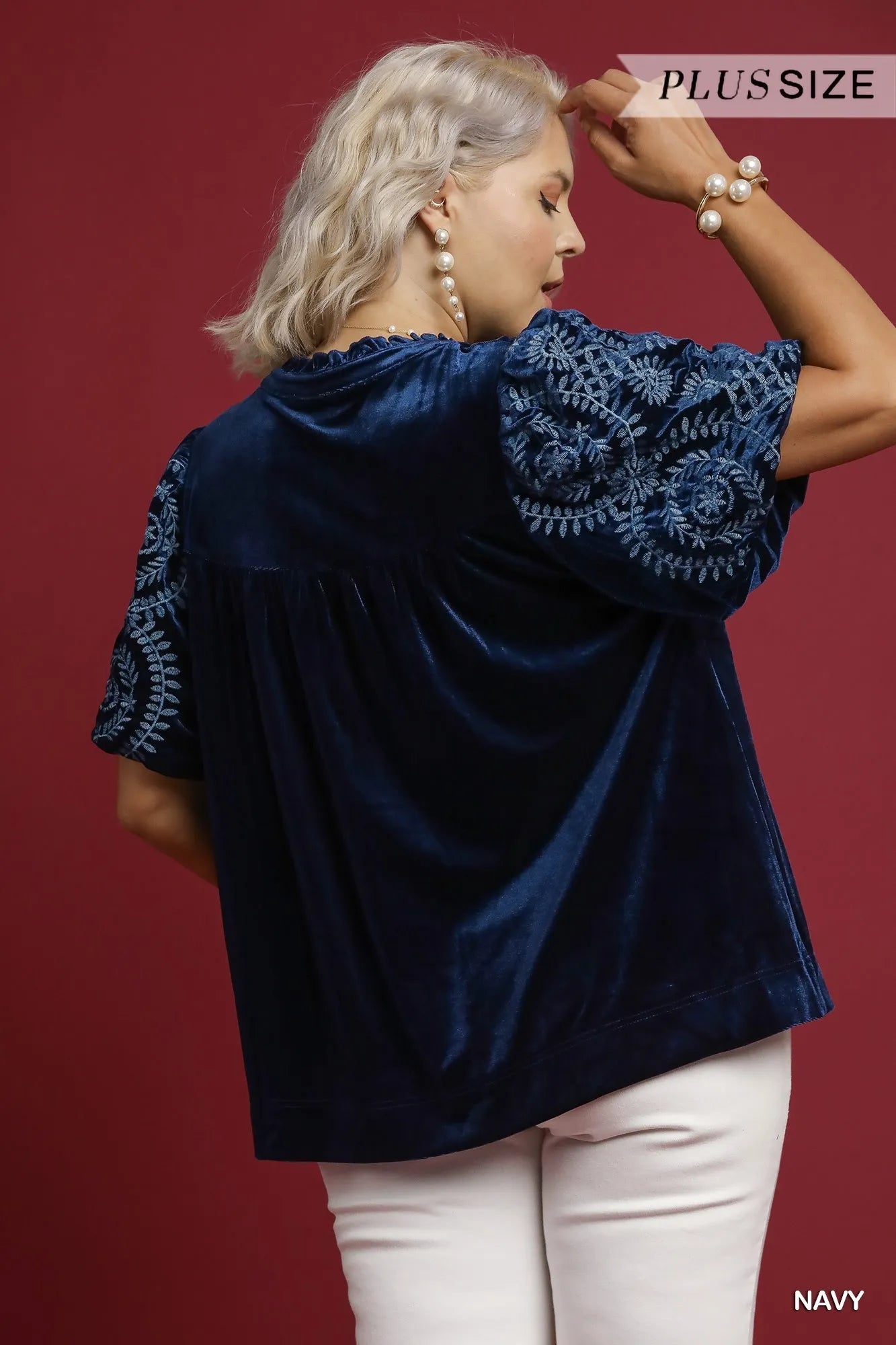 Soft Velvet Blouse for Plus Size Women with Sleeve Embroidery - Alwesbo Fashion