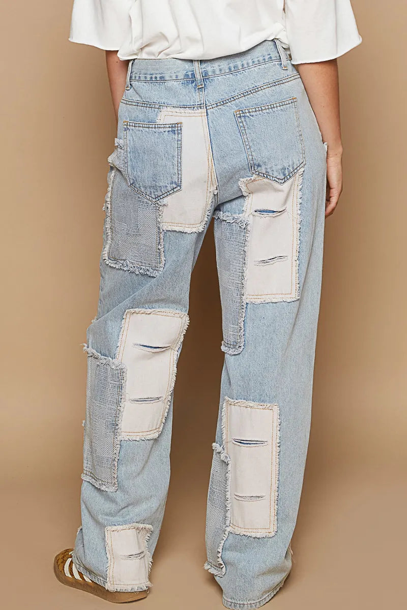 POL Contrast Patched Raw Hem Straight Jeans - Alwesbo Fashion