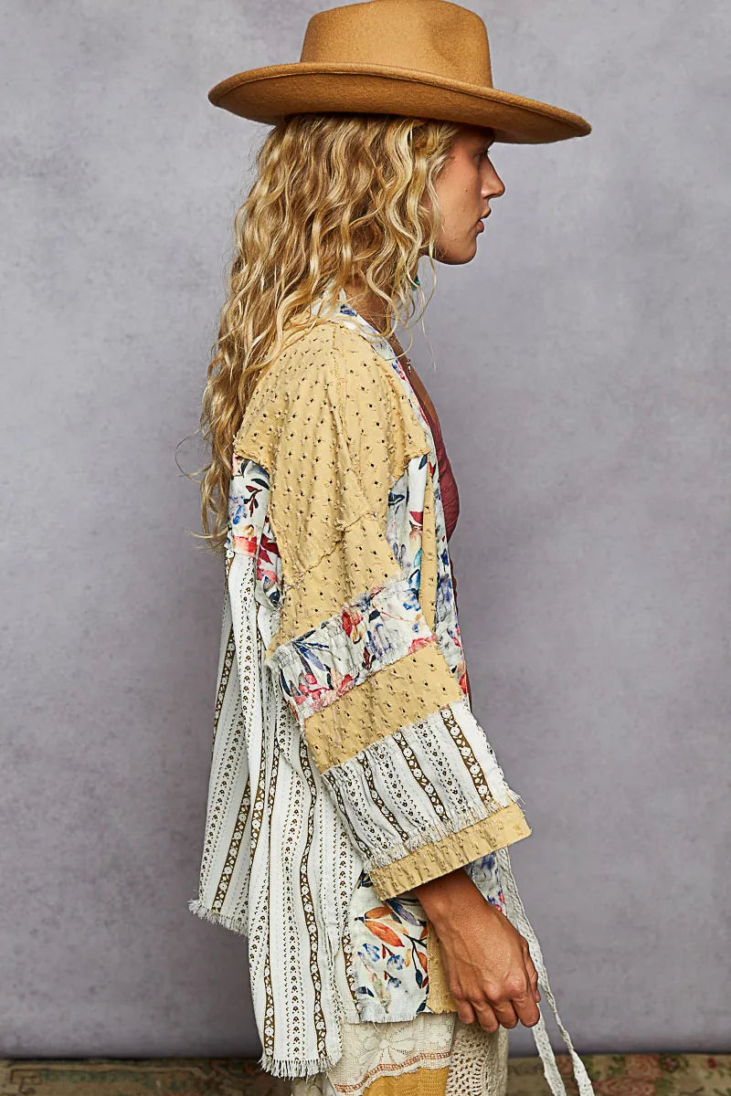 Boho Patchwork Open Front Cardigan with Floral Trim - Alwesbo Fashion