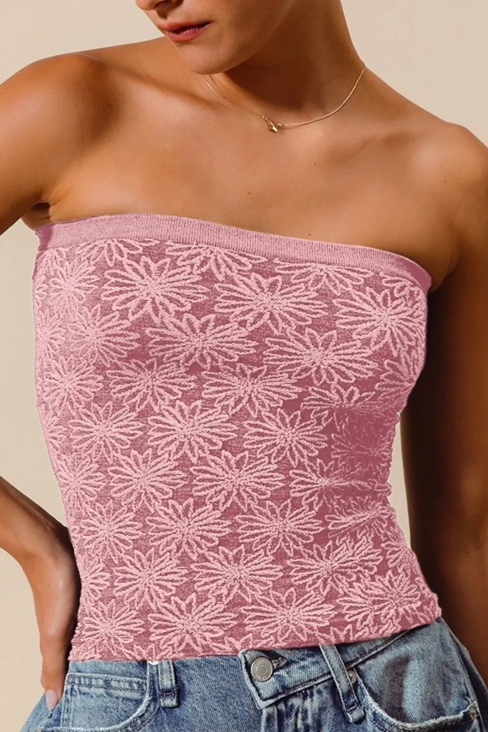 SO ME Jacquard Floral Two Tone Seamless Tube Top - Alwesbo Fashion