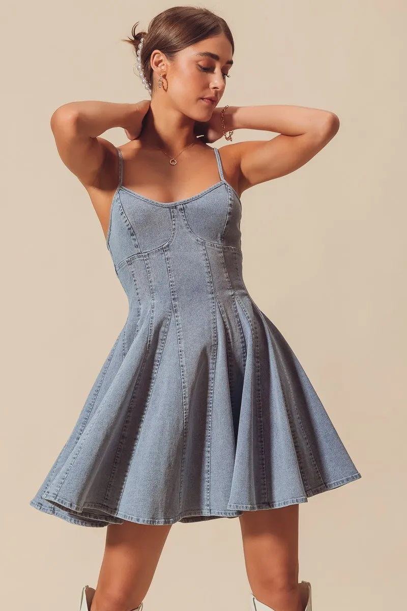 SO ME A Line Fit and Flare Denim Mini Dress - Alwesbo Fashion