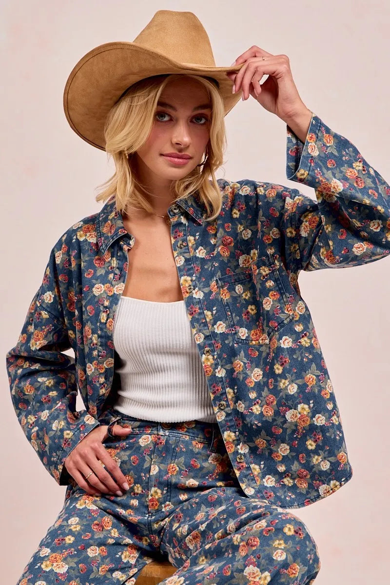 Washed Floral Denim Jacket for Women - Alwesbo Fashion
