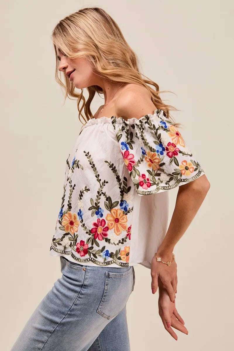 Floral Embroidered Off-The-Shoulder Blouse with Two-Way Wear - Alwesbo Fashion