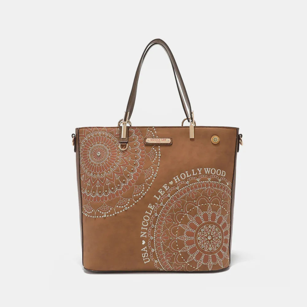 Nicole Lee USA Metallic Stitching Embroidery Inlaid Rhinestone Tote Bag - Alwesbo Fashion