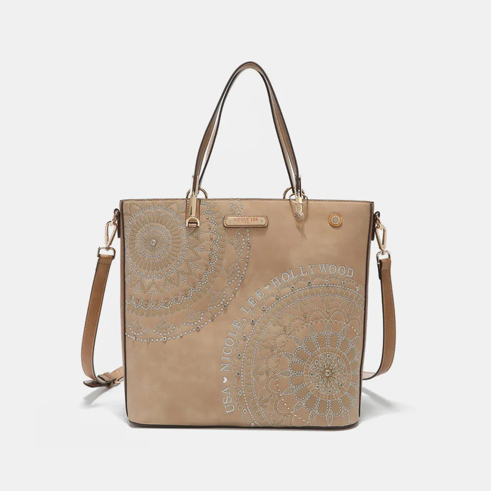Nicole Lee USA Metallic Stitching Embroidery Inlaid Rhinestone Tote Bag - Alwesbo Fashion